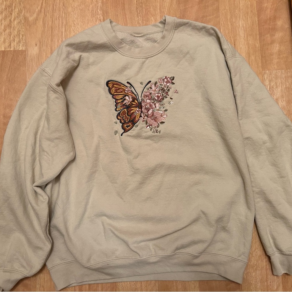 Butterfly Embroidered Beige Sweater